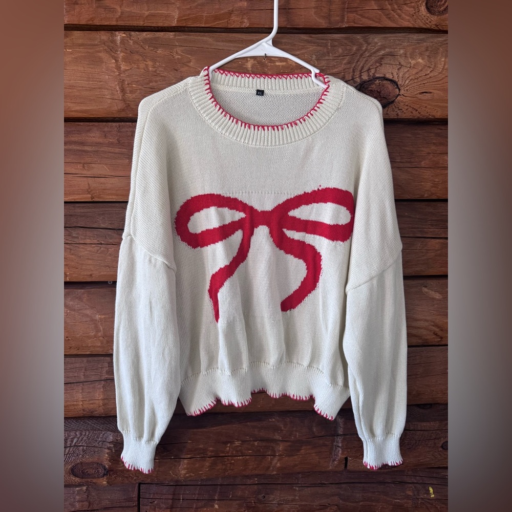 Unbranded size xl Cream Crewneck Sweater with Red Bow Accent - Women's Knit